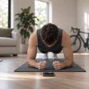 A man in a home workout setting, performing a plank exercise on a dark gray yoga mat with a smartphone placed in front of him on a light wood floor.